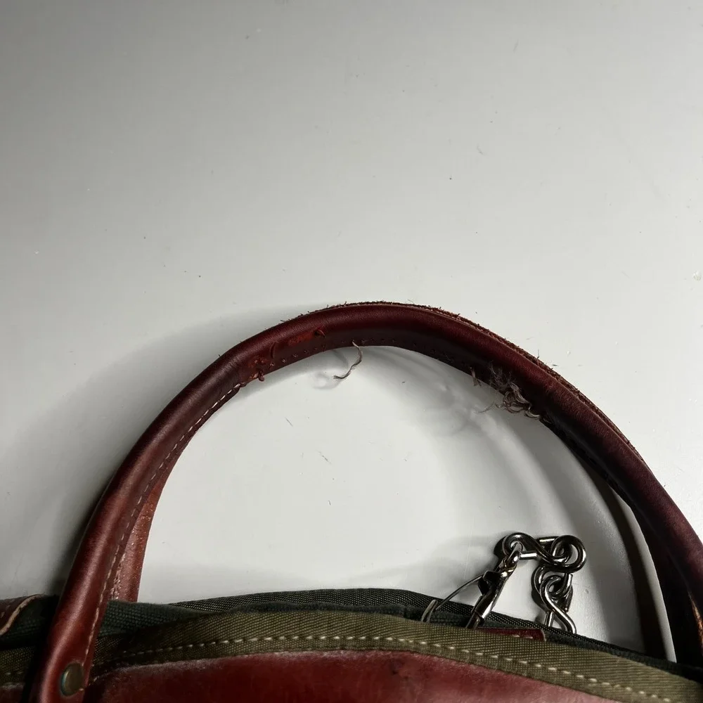 Orvis Garment Bag Vintage Canvas Leather Trim Olive Green Brown Travel Suit Bag